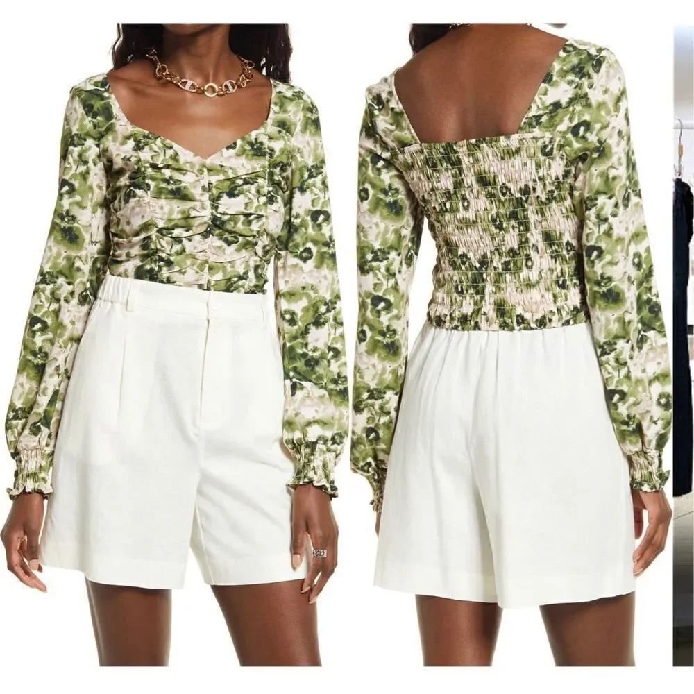 Open Edit ruched crop top in olive pink watercolor rose blouse size L NWOT